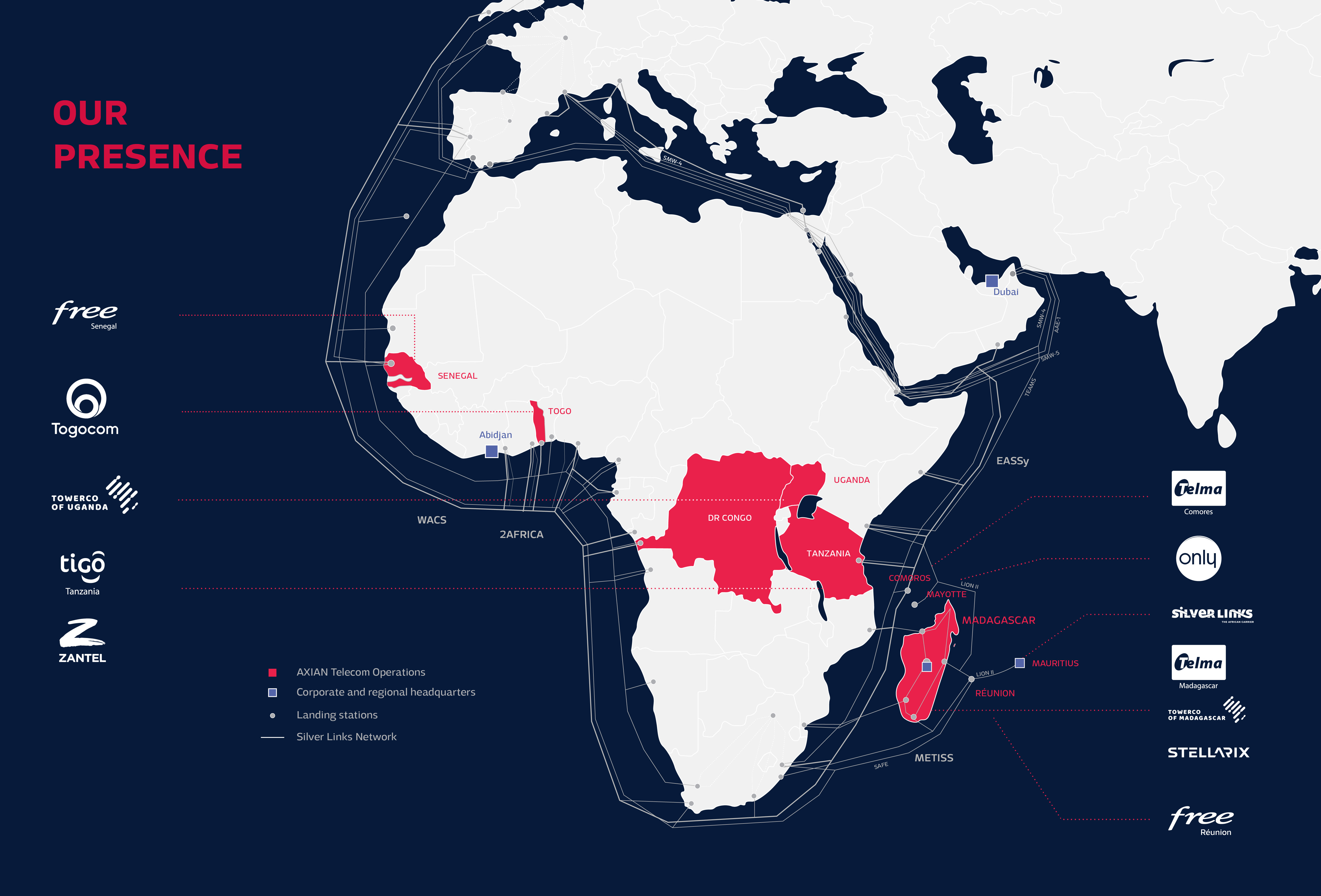 africa map with AXIAN Telecom operations