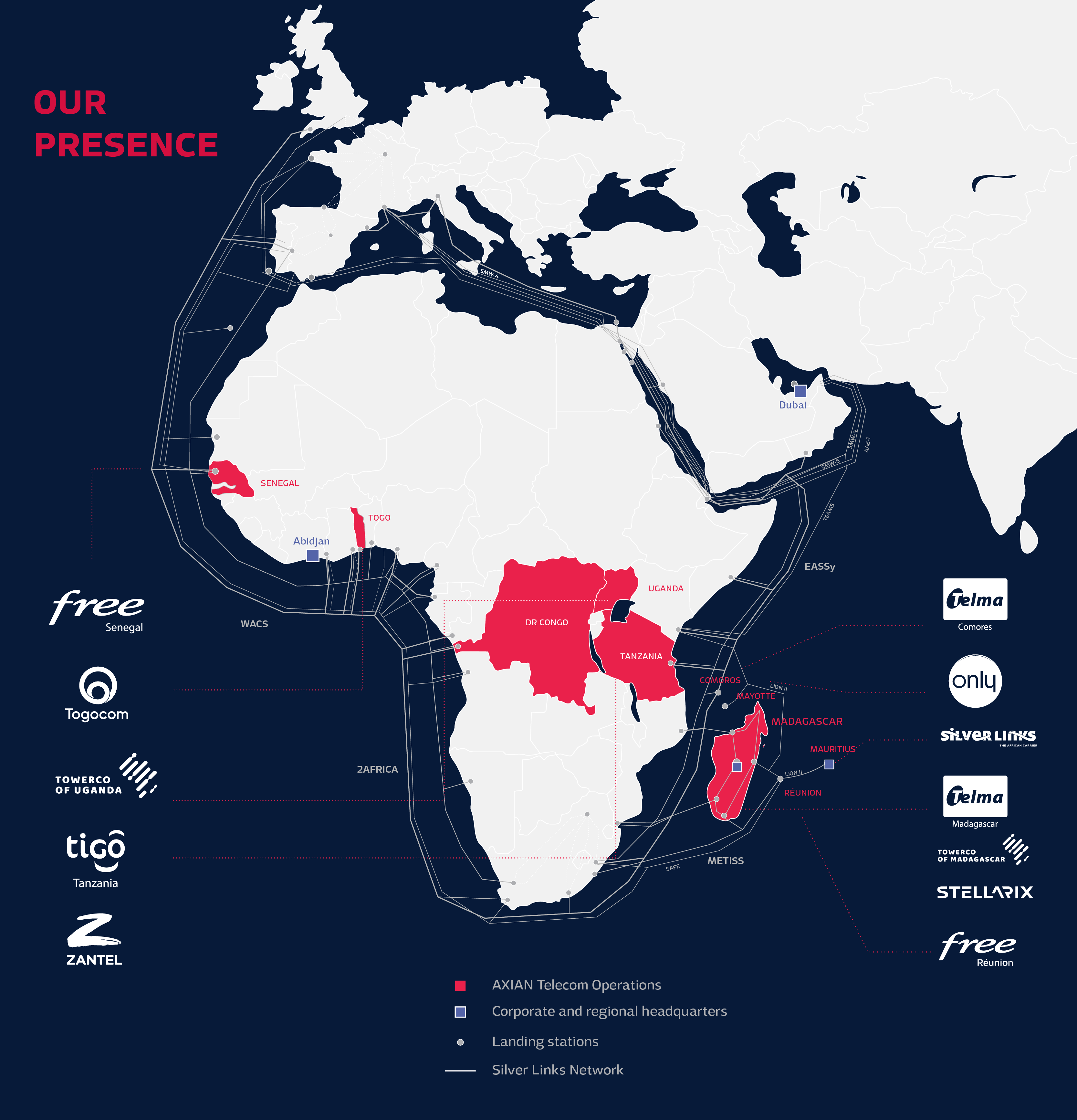 mobile africa map with AXIAN Telecom operations